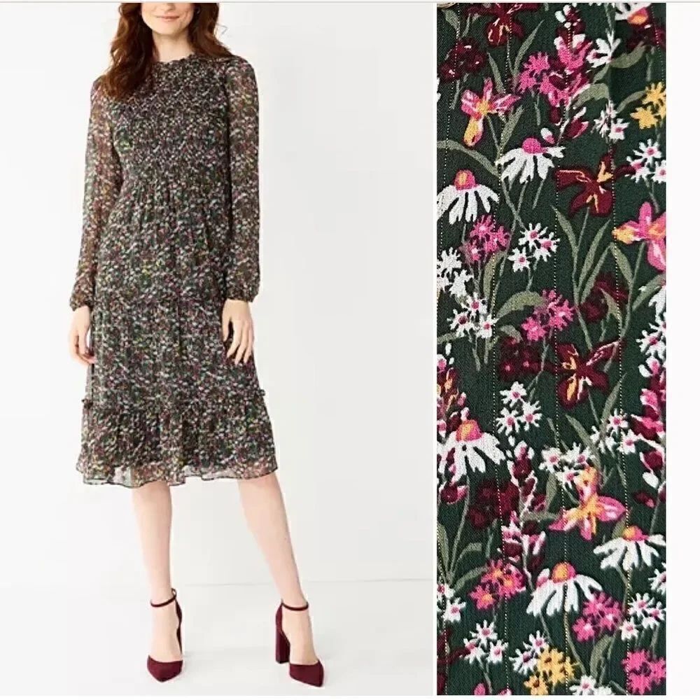 Draper James RSVP Green Smocked Floral Chiffon Dress XXL